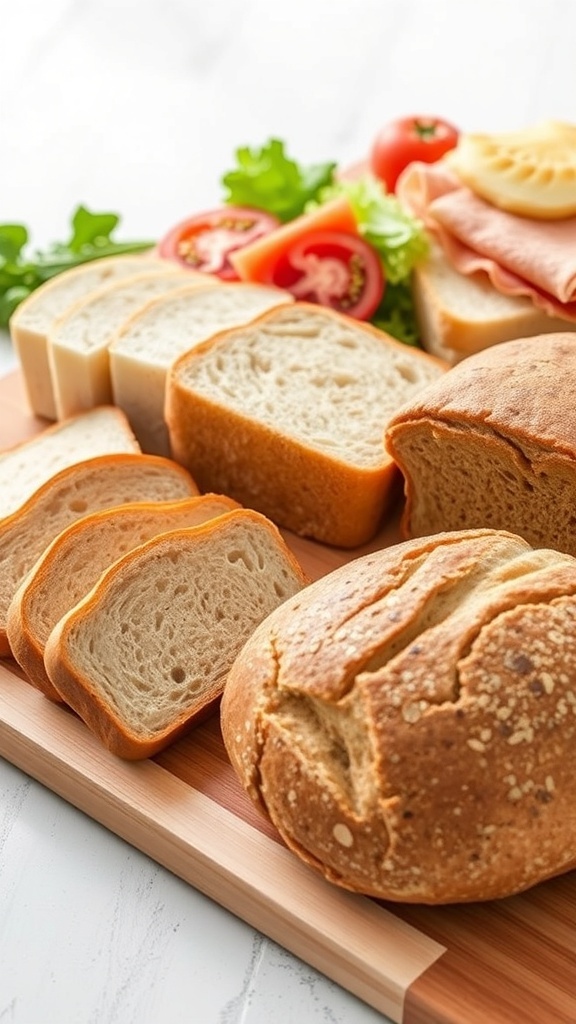 An assortment of sandwich breads including white, whole wheat, rye, and sourdough on a cutting board.